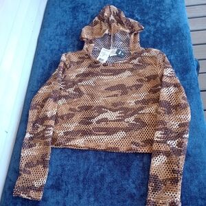 Objex Women’s Fishnet Cropped Long Sleeves Hooded Top Size Small